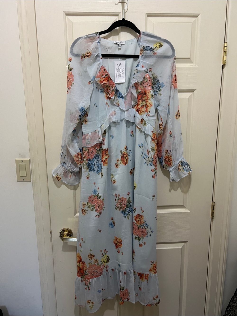 Patrons of Peace Pale Blue Floral Ruffle Midi Dress (sz m)
